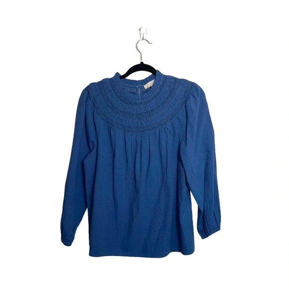 LOFT Stone Blue Swiss Dot Smock Lace High Neck Blouse Medium Petite Women’s - Picture 1 of 11